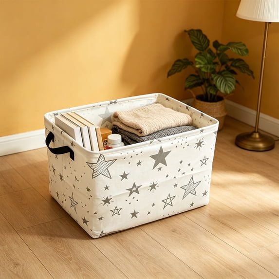 Canvas Storage Basket, Foldable Organizer Bin With Handles, Cute Print Box For Toys Clothes