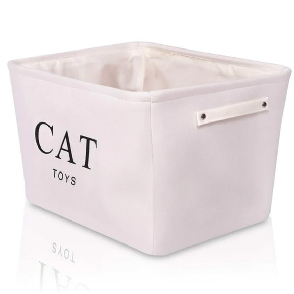 Canvas Storage Basket Rectangular with Handles 7.5''x16''x12.25'', Household Storage For Blankets, Towels, Toys - White Canvas, Cat Toys Print