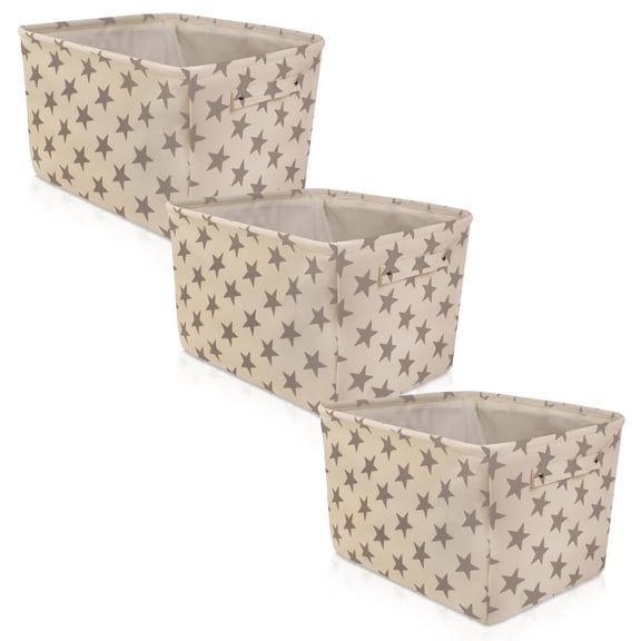 Canvas Storage Basket with Handles for Blankets, Towels & Toys - White with Gray Stars, 3 Pack