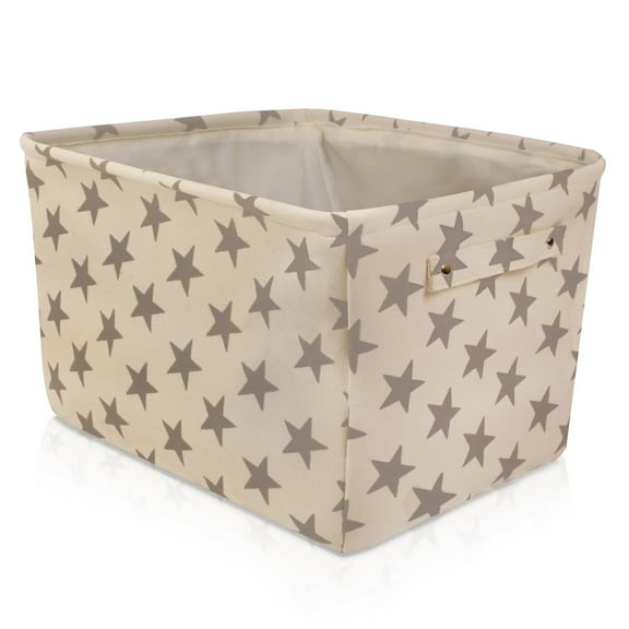 Canvas Storage Basket Rectangular with Handles 7.5''x16''x12.25'', Household Storage For Blankets, Towels, Toys - White with Gray Stars