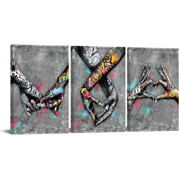 Canvas Street Art Gesture Heart Graffiti Art Canvas Oil Painting Love Hands Wall Art Grey Vintage Poster Prints Picture Hanging with Wood Frames for Couple Bedroom (only canvas)