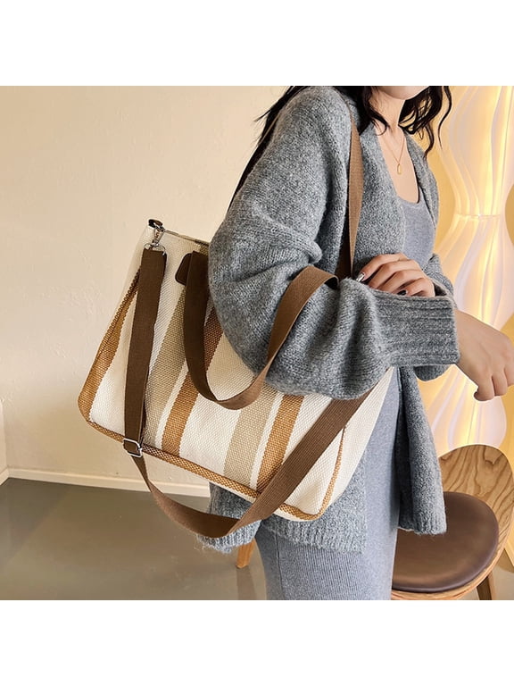 Canvas Striped Shoulder Bag for Women, Large Capacity Handbag and Trendy Tote, Practical and Versatile Purse for Travel, Shopping, Work, Dating, Everyday Use