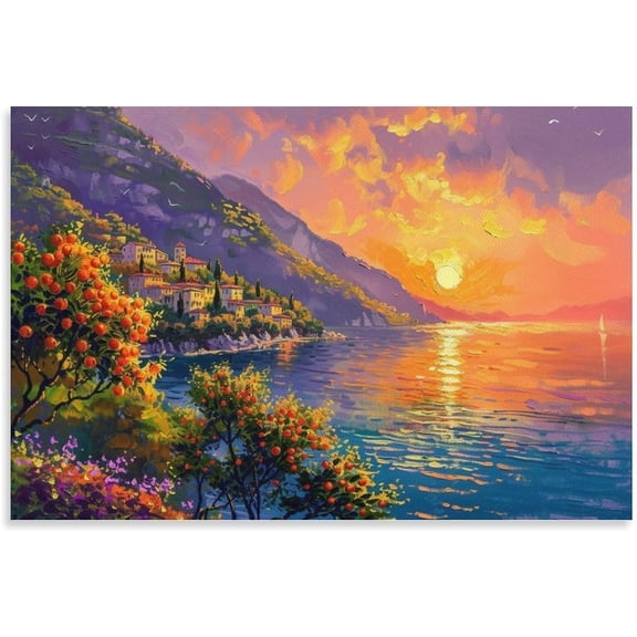 Canvas Sunset Illuminated Village by River Interior Canvas Painting Oil Painting Illustration Art Attractive Color Sky Art Panel Wall Picture Poster Wall 12x16 inch Unframed