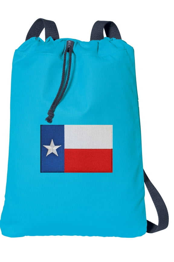 Canvas Texas Flag Drawstring Backpack Aqua Natural Cotton Texas Cinch Bag with Wide Straps