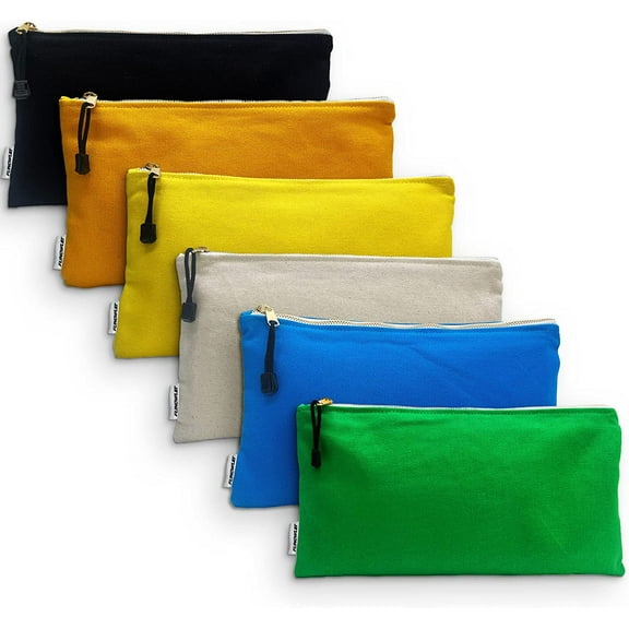 Canvas Tool Bag Zipper Pouch - 6 Pack Heavy Duty Tools Utility Pouches, Multipurpose Storage Organizer Tote Bags with Dependable Metal Zippers, 12.5 x 7-Inch, Olive/Orange/Blue/Yellow/White/Black