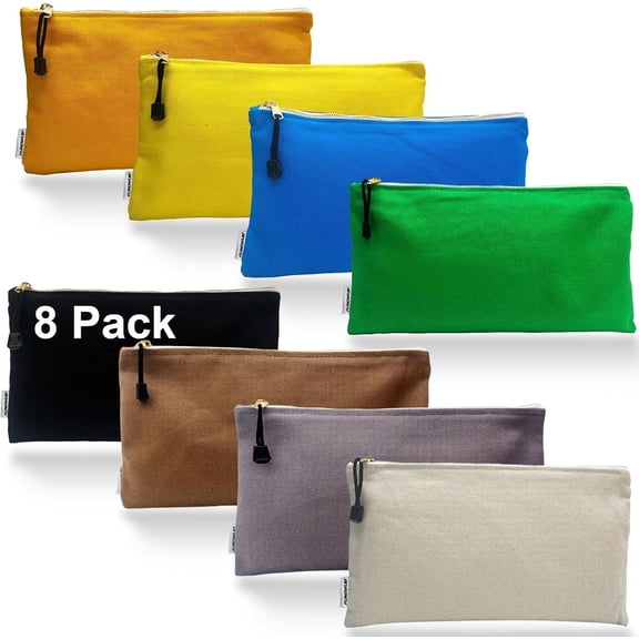 Canvas Tool Bag Zipper Pouch, 8 Pack 12.5 x 7-Inch | Heavy Duty, 16 oz.,Tools Utility Pouches, Multipurpose, Storage Organizer Tote Bags with Metal Zippers