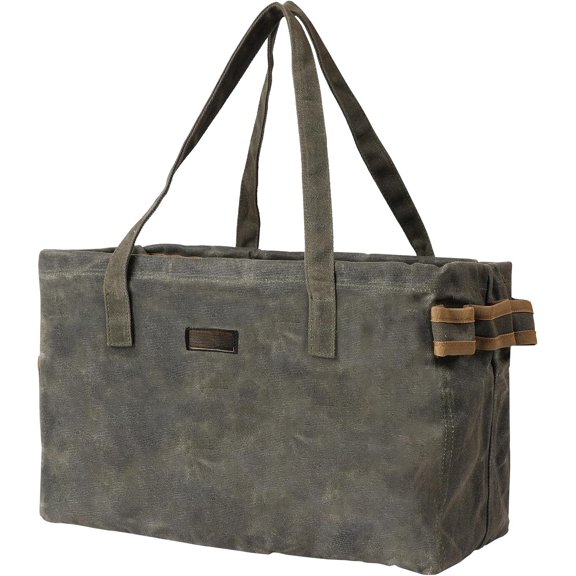 Canvas Tool Tote Bag | 16OZ Waxed Canvas Tool Carrying Bag - with 8 Pockets & Top Metal Support Rods, Rectangular Top Open Tool Tote Bag for Chisels Wrench Hammer Level | Army Green