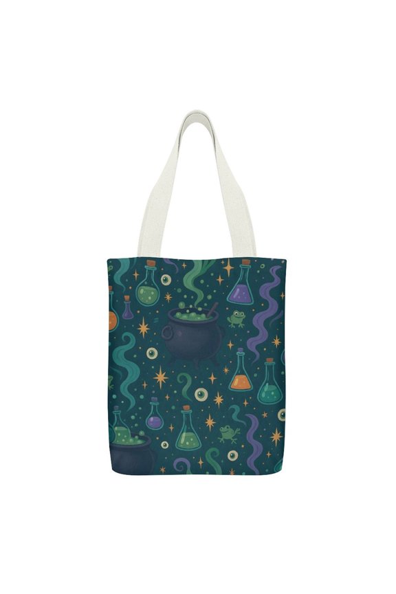 Canvas Tote Bag 12.615in With Large Capacity Pocket Design Can Be Reused For Daily Go Shopping And Stroll Casually Back Magical Potion Halloween Pattern