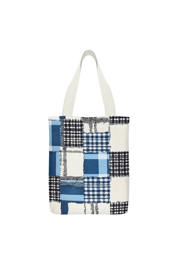 Canvas Tote Bag 12.615in With Large Capacity Pocket Design Can Be Reused For Daily Go Shopping And Stroll Casually Back MediumBlue Houndstooth Buffalo Plaid Tartan Check Scotland Hand-drawn Sketch_2