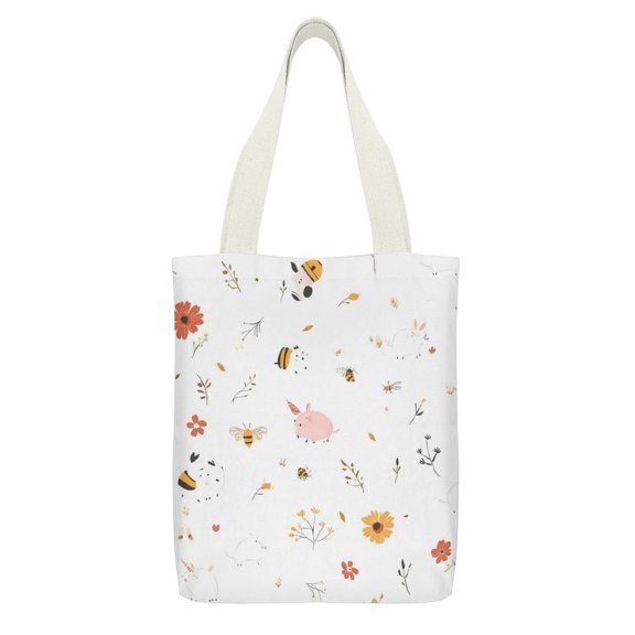 Canvas Tote Bag 12.615in With Large Capacity Pocket Design Can Be Reused For Daily Go Shopping And Stroll Casually Back Flower Bee