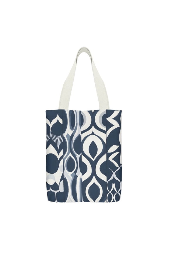 Canvas Tote Bag 12.615in With Large Capacity Pocket Design Can Be Reused For Daily Go Shopping And Stroll Casually Back Navy Geometric Patterns_3