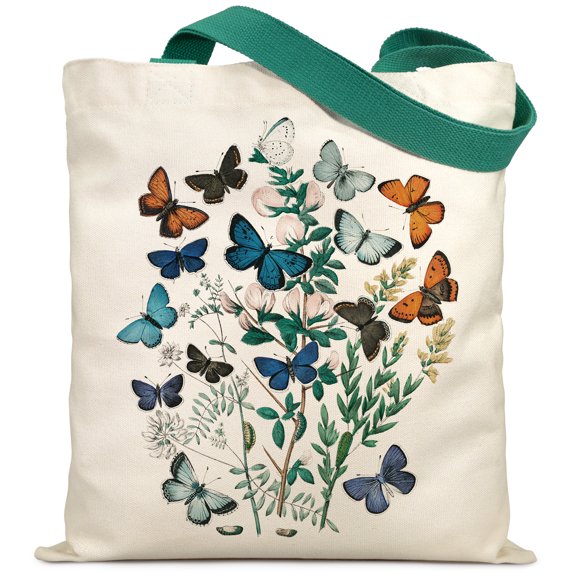 Vintage Blue Floral Tote Bag Aesthetic Women Canvas Reusable Grocery Bags with Pocket Flower Butterfly for Shopping Gift