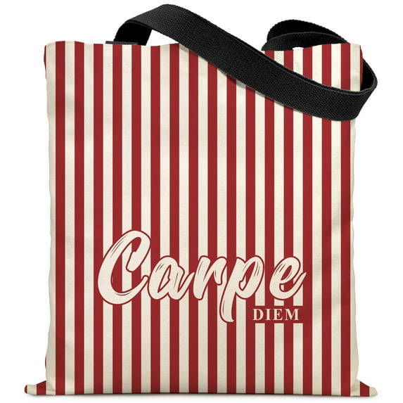 Aesthetic Canvas Tote Bag with Red Stripe Carpe DIEM Stylish Grocery Bags Reusable Shopping Bags for Women