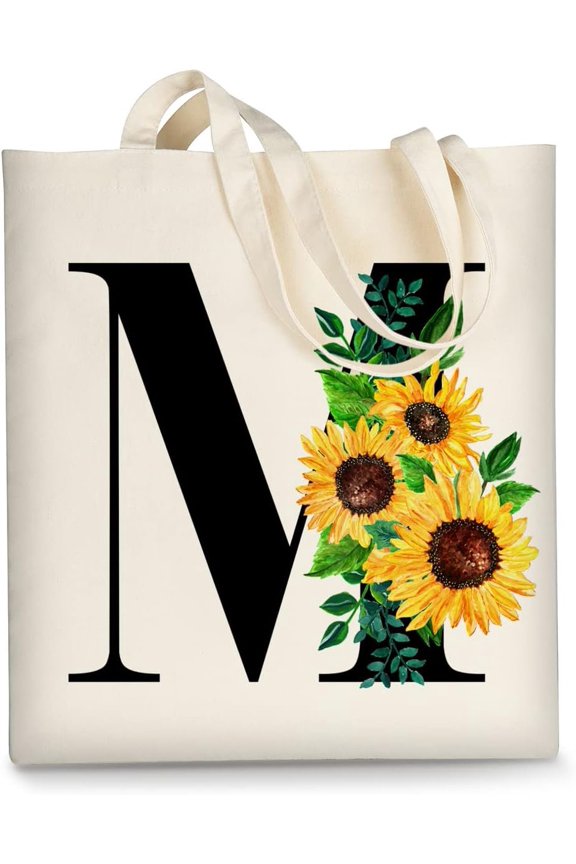 Canvas Tote Bag Aesthetic for Women, Cute Sunflower Initial Trendy Monogram Personalized Initial Birthday Cloth Bags with Handle for Grocery College Shopping Beach