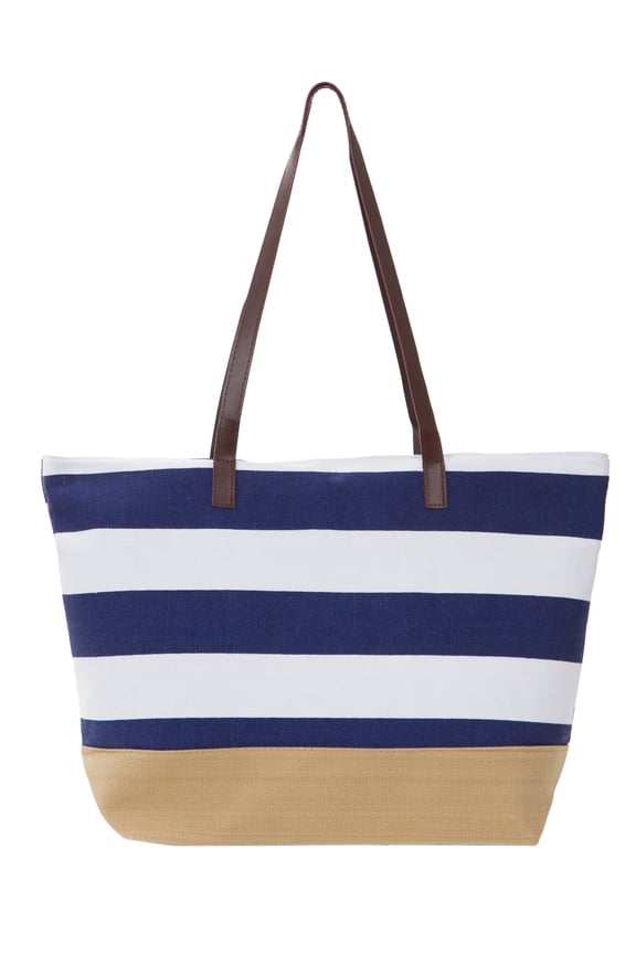 Canvas Tote Bag, Burlap Canvas Tote, Stripe Tote with Faux Leather Handles
