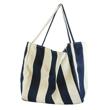 Canvas Tote Bag Casual with Inner Pocket Shopping Bag for Work Daily Beach Thick Stripe Blue