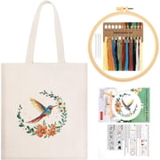 Canvas Tote Bag Embroidery Kit for Beginners, Arts and DIY Crafts Kits with Hummingbird Flowers Pattern for Adults, Include Embroidery Bag Hoops Color Threads Tool and Instruction