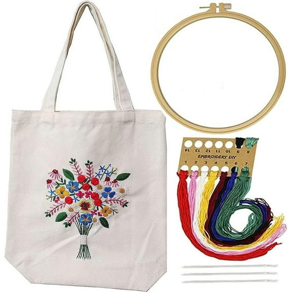 Canvas Tote Bag Embroidery Kit with Pattern for Beginners, Arts and DIY Crafts Kits for Adults, Include Instructions Embroidery Bag, Embroidery Hoops, Color Threads and Tool (White)