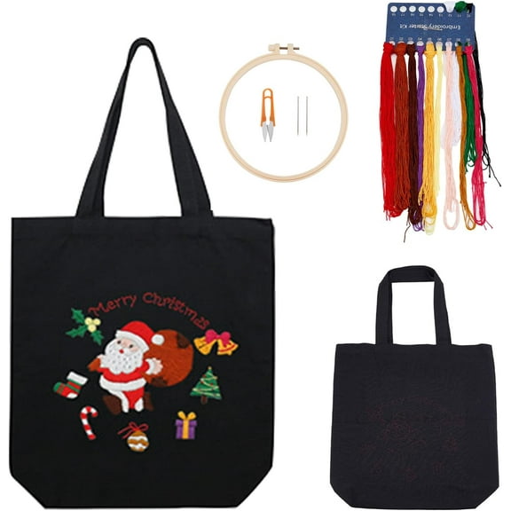 Canvas Tote Bag Embroidery Kit with Santa Claus Pattern and Instruction DIY Black Canvas Bag Embroidery Kit Include Needle Hoop Threads Personalized Bag Stitch Kit for Christmas Gifts colorful