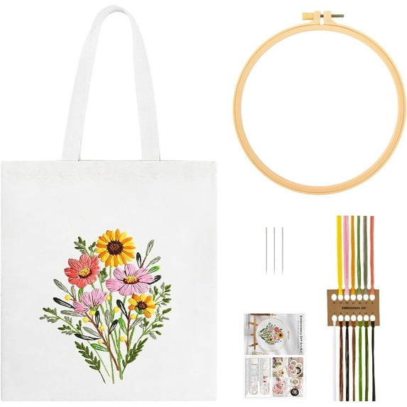 Canvas Tote Bag Embroidery Kit for Beginners, DIY Crafts Sewing Embroidery Starter Kit with Flower Pattern, Hoops, Color Threads and Tool, White