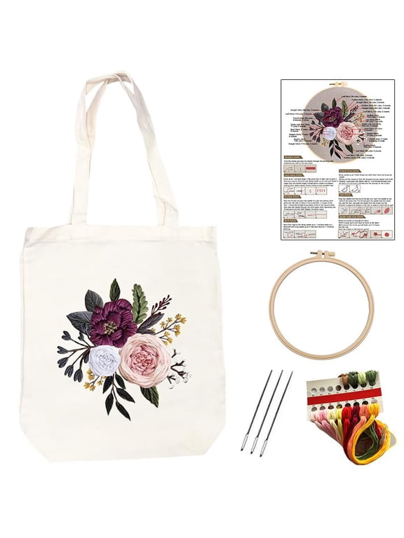 Canvas Tote Bag Floral Embroidery Kit, with Pattern Hoop Color Threads and Tool for Beginners, Arts and Crafts Supplies for Adults Handmade Gift, White Canvas Shoulder Tote for Daily Use