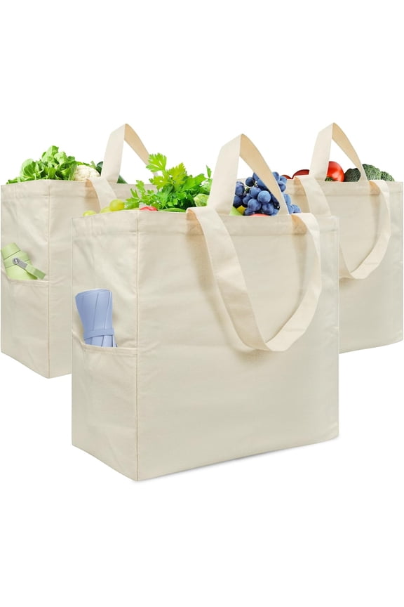 Canvas Tote Bag, Grocery Bags with Pockets, Large Shopping Bags (3 )