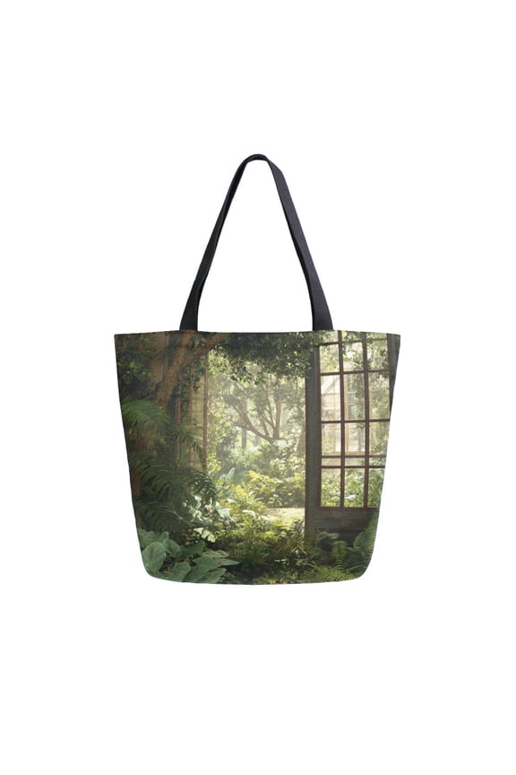 Canvas Tote Bag Large Canvas Bag 13.5x5.1x15 Inch Shopping Canvas Bag Suitable For Outing Shopping Travel Out Of Large Capacity Storage Lush Green Garden Window