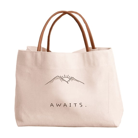 Canvas Tote Bag, Large Capacity Leather Handle Shoulder Handbag Shopping Grocery Storage Organizer Durable Fabric Eco Friendly Reusable Purse Fashionable