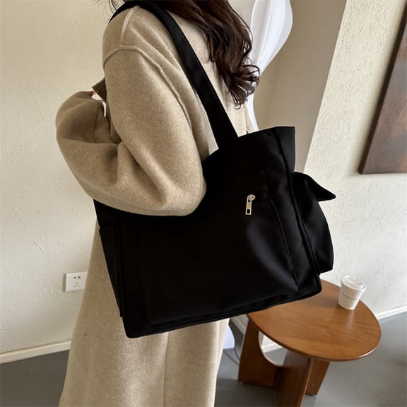Canvas Tote Bag Large Crossbody Shoulder Handbag Zipper Messenger Bag for Women Men Solid Color Large Capacity Casual Shopping Bag Black