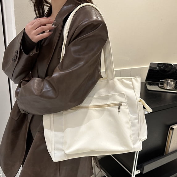 Canvas Tote Bag Large Crossbody Shoulder Handbag Zipper Messenger Bag for Women Men Solid Color Large Capacity Casual Shopping Bag White