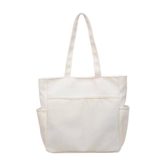 Tanyzvel Canvas Tote Bag Multi-Pocket Shoulder Bag Large Capacity Work School Shopping Tote with Water Bottle Pockets