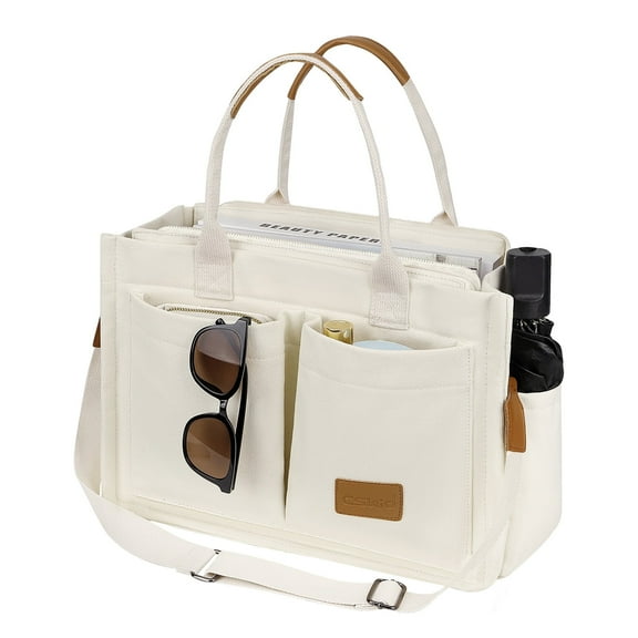Cshidworld Canvas Tote Bag with Multi-Pocket for Women, Shoulder Handbag Everything Tote Bag with Compartments, Laptop Work Bags Shoulder Messenger Gym Bag for Travel Nurse College Gift, White