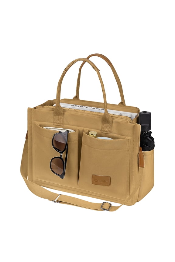 Canvas Tote Bag with Multi-Pocket for Women, Shoulder Handbag Everything Tote Bag with Compartments, Laptop Work Bags Shoulder Messenger Gym Bag for Travel Nurse College Gift, Brown