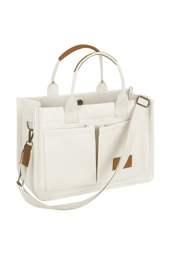 Canvas Tote Bag with Multi-Pocket for Women, Large Crossbody Shoulder Handbag Everything Tote Bag with Compartments, Laptop Work Bags Shoulder Travel Messenger Gym Totes, White