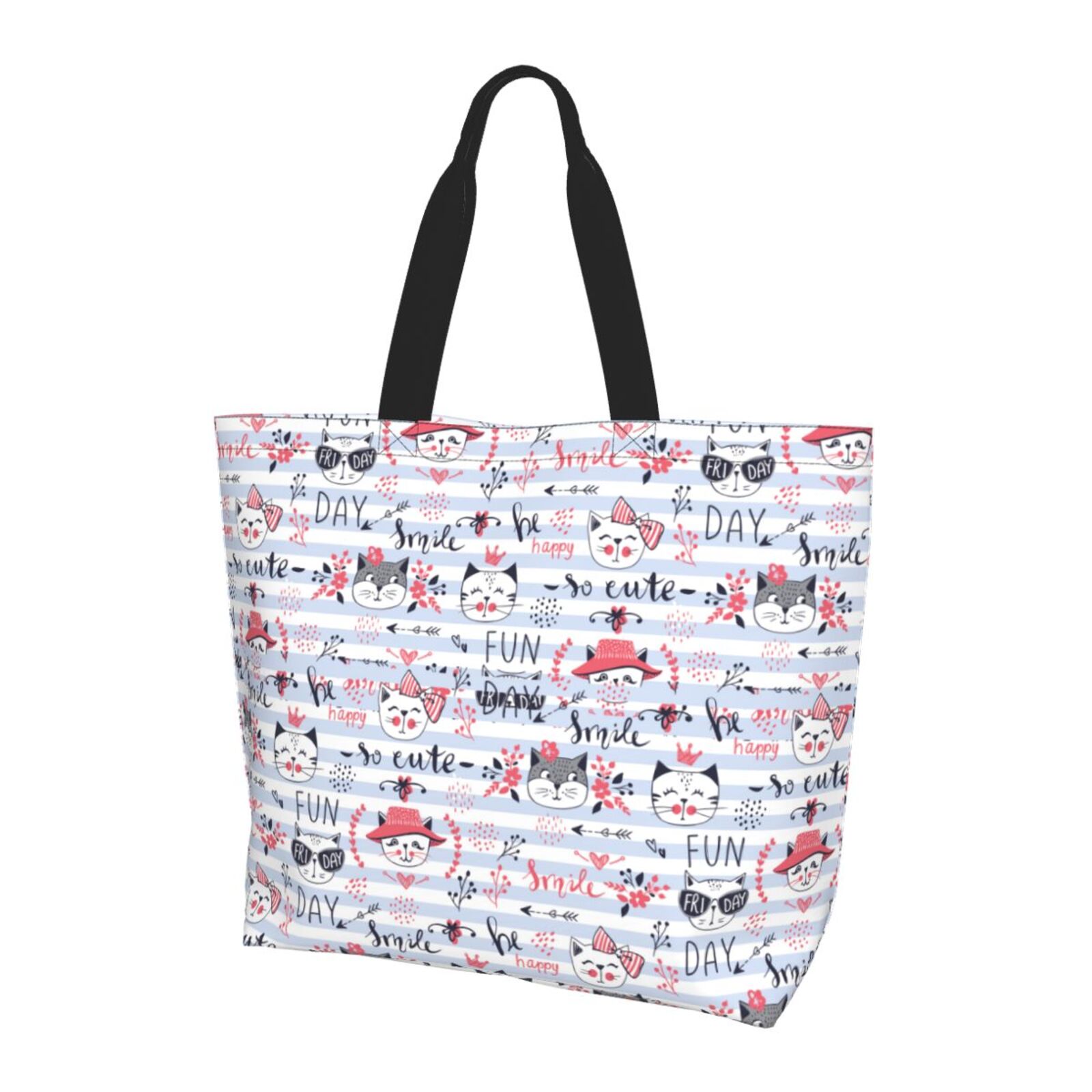 Canvas Tote Bag Reusable Shopping Bags, Blue Stripes Lines Cute Cat