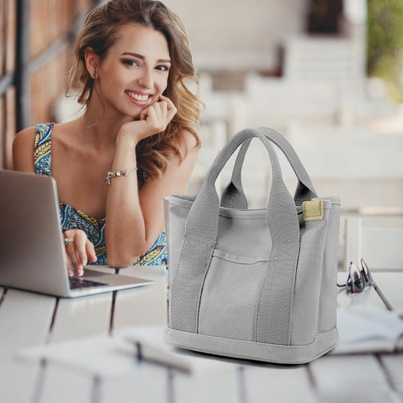 Canvas Tote Bag,Small Mini Totes Bags with Zipper for Women,Crossbody Purse with Pockets,Multi-Pocket for Work,Shopping,Daily Casual Use,Gray