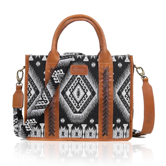 Canvas Tote Bag for Women with Aztec Pattern  Large Capacity Shoulder Bag with Leather Trim & Detachable Strap  Boho Chic Laptop Tote, Work, Travel & Everyday Handbag