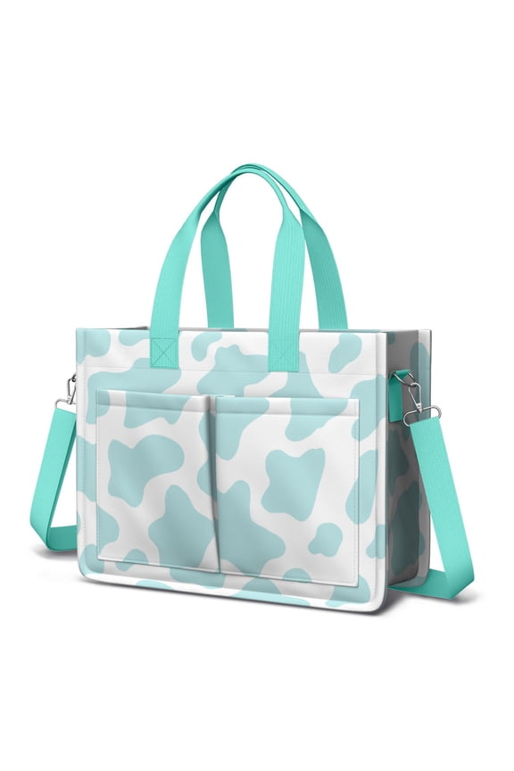 Canvas Tote Bag for Women with Compartments, Blue Cute Cow Checkered Teacher Student Shoulder Bag Nurse Purses Crossbody Bags Work Laptop Book Bag Satchels Handbags