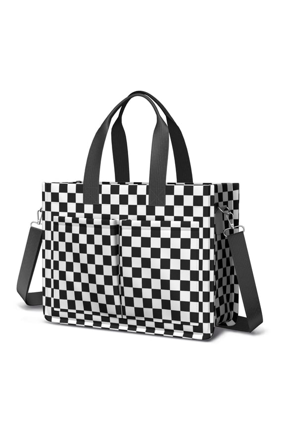 Canvas Tote Bag for Women with Compartments, Large Cute Black Checkered Teacher Student Shoulder Bag Nurse Purses Crossbody Bags Work Laptop Book Bag Satchels Handbags