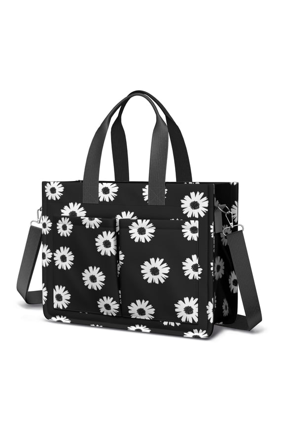 Canvas Tote Bag for Women with Compartments, Large Cute Black Daisy Teacher Student Shoulder Bag Nurse Purses Crossbody Bags Work Laptop Book Bag Satchels Handbags