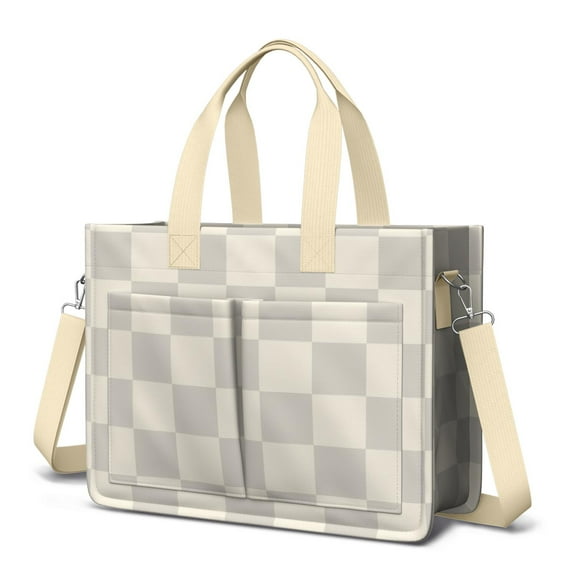 Canvas Tote Bag for Women with Compartments, Large Cute Brown Checkered Teacher Student Shoulder Bag Nurse Purses Crossbody Bags Work Laptop Book Bag Satchels Handbags