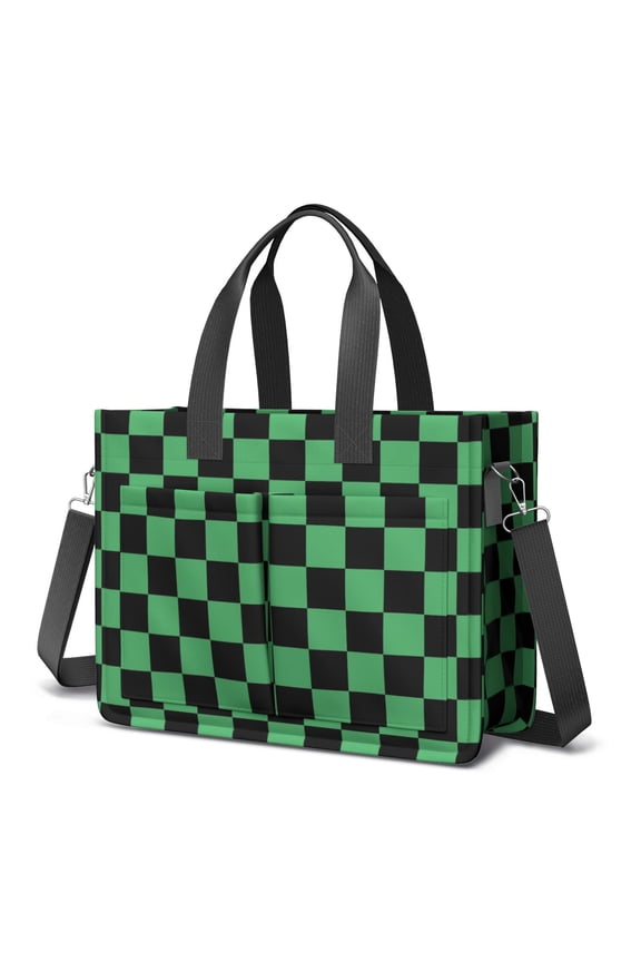 Canvas Tote Bag for Women with Compartments, Large Cute Green Checkered Teacher Student Shoulder Bag Nurse Purses Crossbody Bags Work Laptop Book Bag Satchels Handbags