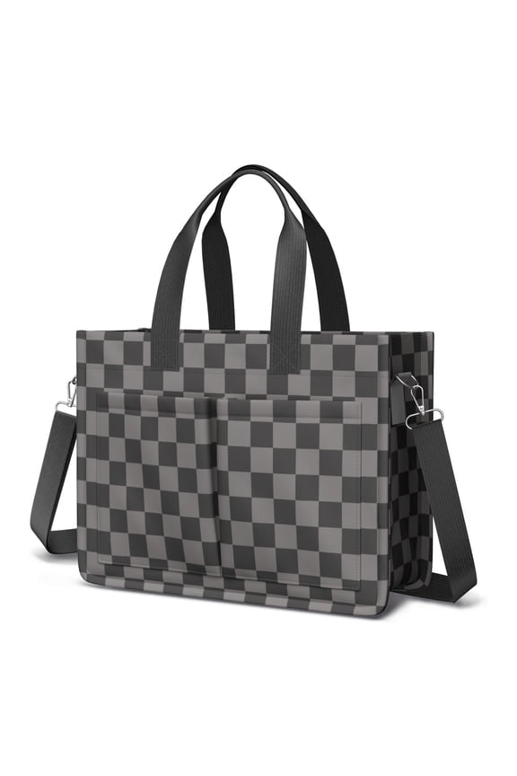 Canvas Tote Bag for Women with Compartments, Large Cute Grey Checkered Teacher Student Shoulder Bag Nurse Purses Crossbody Bags Work Laptop Book Bag Satchels Handbags