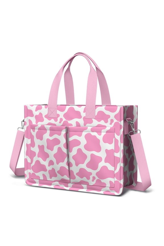 Canvas Tote Bag for Women with Compartments, Medium Cute Pink Cow Chechered Teacher Student Shoulder Bag Nurse Purses Crossbody Bags Work Laptop Book Bag Satchels Handbags