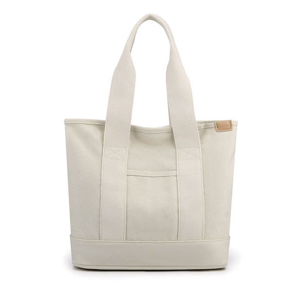 Canvas Tote Bag for Women, Large Capacity Multi Pocket Shoulder Bag with Outer Pockets, Casual Handbag for Work Travel Shopping, Lightweight Summer Storage Carryall (White)