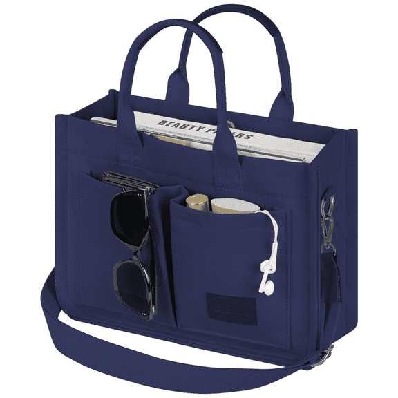 Cshidworld Canvas Tote Bag for Women With Pockets, Laptop Work Crossbody Everyday Satchel, Purses Everything Shoulder Tote Bag Everyday Satchel Handbags Messenger Gym Totes, Dark Blue