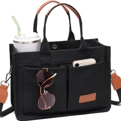 Canvas Tote Bag for Women, Women’s Bags Crossbody Bags Work Laptop Tote Bag, Large Handbags Purse for Travel, Nurse, Teacher, Canvas Demure Black with Compartments