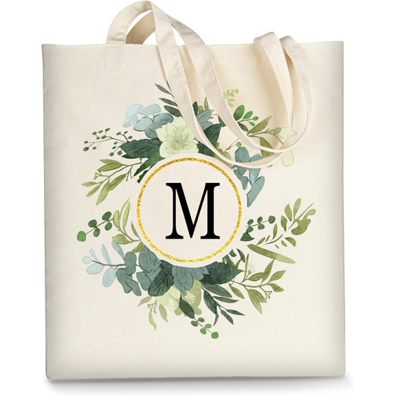Canvas Tote Bag for Women, Cute Aesthetic Leaf Initial Trendy Cotton Personalized Birthday Bags