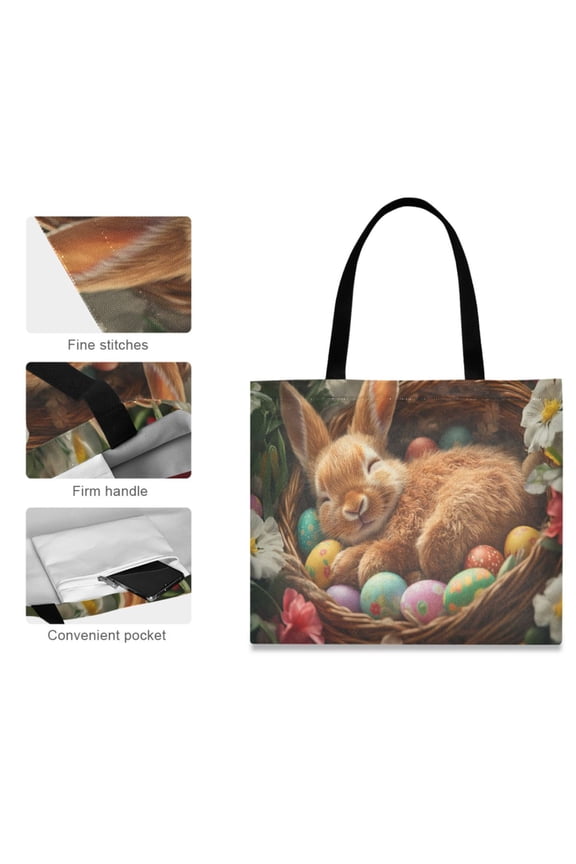 Canvas Tote Bag for Women Girls Design Print Bunny Sleeping with Easter Eggs Tote
