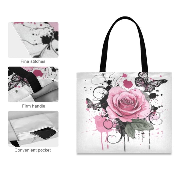 Canvas Tote Bag for Women Girls Design Print Butterfly Rose Totes